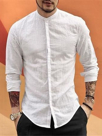 

Stand Collar Cotton Long Sleeve Long Sleeve Shirt, White, Blouses&Shirts