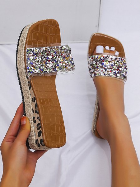 

Rhinestone Sequin Upper Leopard Print Wedge Wedge Slides, As picture, Slippers