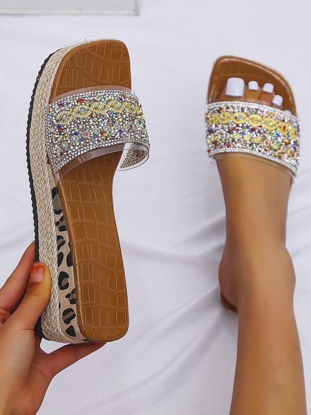 

Women's Rhinestone Embellished Leopard Panel Woven Bottom Wedge Slides, As picture, Slippers