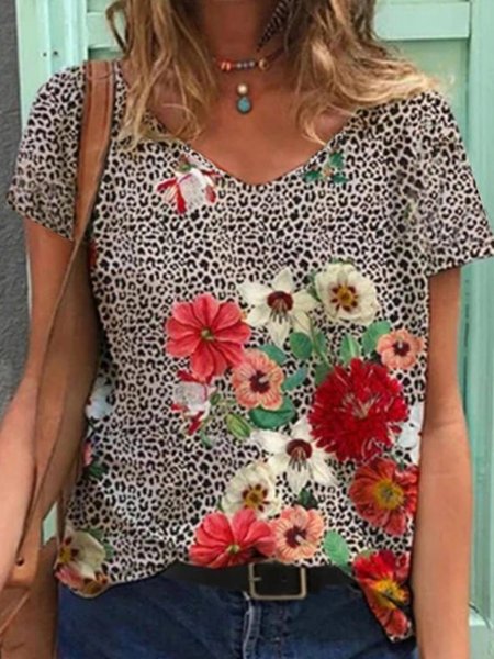 

Floral Leopard Boho Loosen V Neck Short Sleeve T-Shirt, Flower, T-Shirts