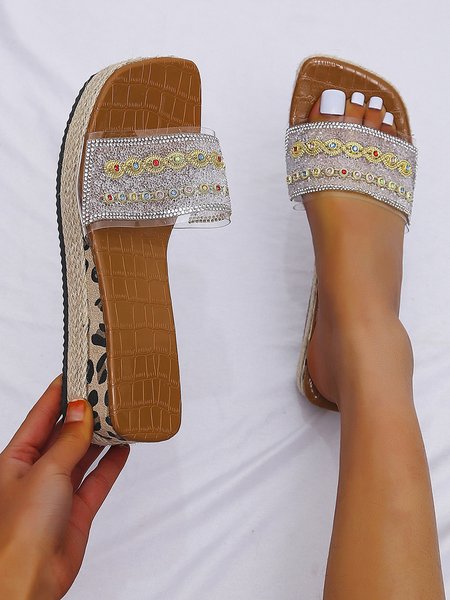 

Rhinestone Sequin Upper Leopard Print Wedge Wedge Slides, As picture, Slippers