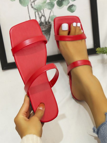 

Women's Simple Plain Color Double Strap Square Toe Slippers, Red, Slippers