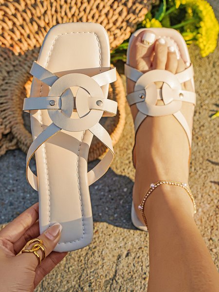 

Solid Color Round Strap Crossover Vacation Slippers, Khaki, Slippers