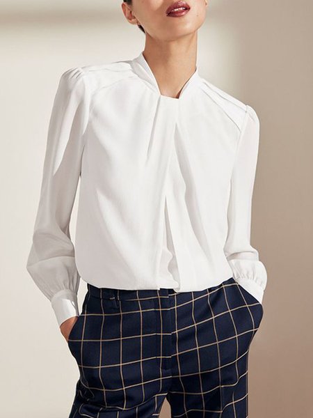 

Loosen Stand Collar Long Sleeve Plain Simple Work Top, White, Tops