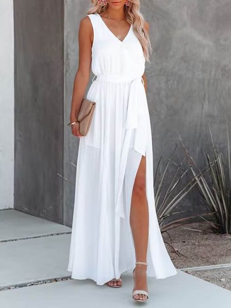 

Plain Slit Short Sleeve women Dress, White, Formal Dresses