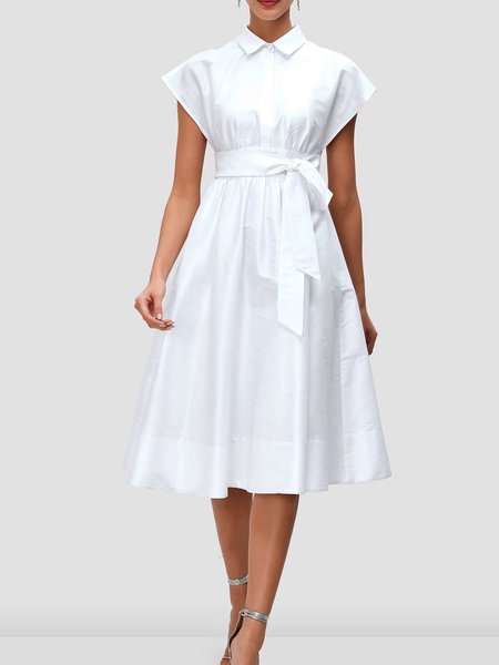 

Spring Cap sleeve Elegant Short Sleeve Woven Lightweight Fit and FlareX Dress, White, Midi Dresses