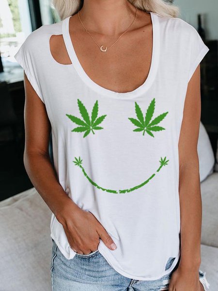 

Floral Face Printed Casual Loosen U-Neck Short Sleeve T-Shirt, White, T-Shirts