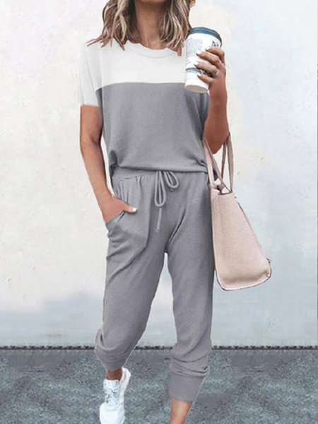 

Vintage Crew Neck Color Block Two Piece Sets, Multicolor, Suit Set