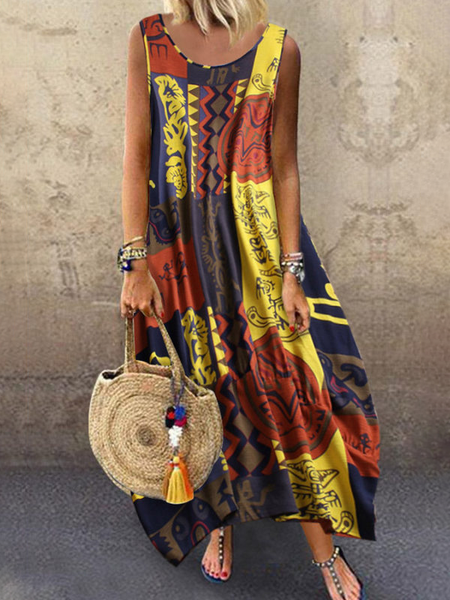 

Boho Round Neck Loosen Short Sleeve Woven Dress, As picture, Maxi Dresses