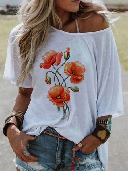 

Floral Casual Off The Shoulder Short Sleeve Date Daily Loosen T-Shirt, White, T-Shirts