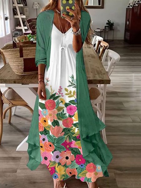 

Two Pieces Floral V Neck Casual Short Sleeve Knit Dress, As picture, Maxi Dresses