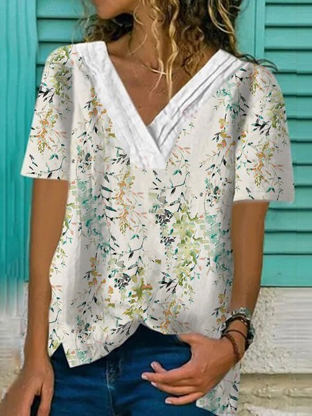 

V Neck Casual Floral Short Sleeve Tops, Multicolor, Tees & T-shirts