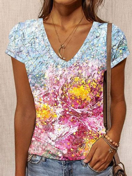 Floral Abstract Printed Casual Loosen V Neck Short Sleeve T-Shirt, Flower, T-Shirts