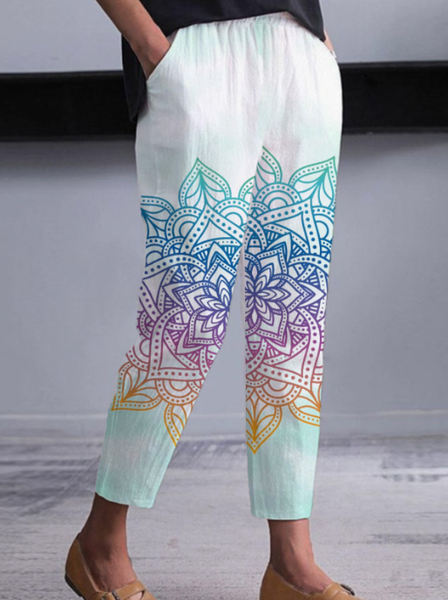 

Tribal Printing Casual Elastic Waist Pocket Ninth Pants, White, Pants