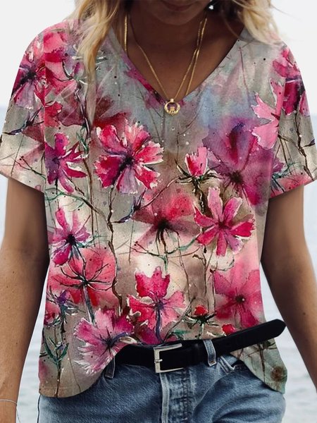 

V Neck Cotton Blends Casual Short Sleeve T-Shirt, Multicolor, T-Shirts