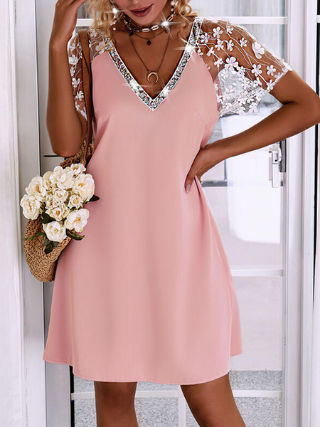 

Plain holiday three-dimensional flower lace loose a-hem dress middle skirt Plus Size Gliter Sequins, Pink, Dresses