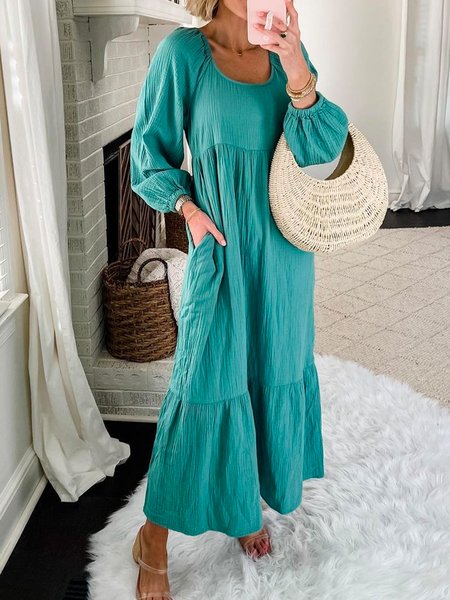 

Solid Long Sleeve Woven Dress, Cyan, Maxi Dresses