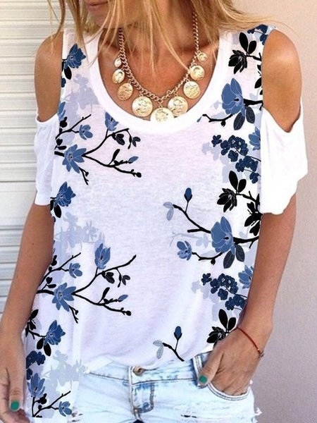 

Floral Off The Shoulder Loosen Round Neck Short Sleeve T-Shirt, White, T-Shirts