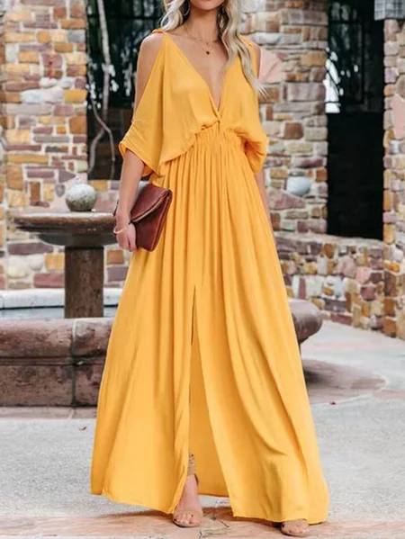 

Party Slit Short Sleeve women Dress, Yellow, Formal Dresses