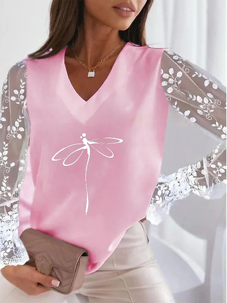 

Dragonfly Mesh V Neck Casual Long Sleeve T-Shirt, Pink, T-Shirts