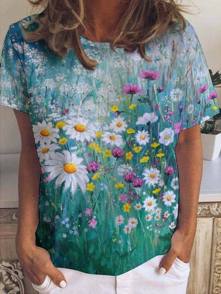 

Casual Botanical Floral Print Crew Neck T-Shirt, As picture, T-shirts