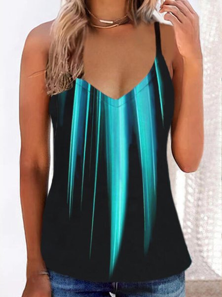 

Casual V Neck Printed Sleeveless Knit Tank, Blue, Tank Top