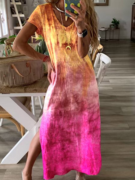 

Leaves Vacation Loosen Short Sleeve Knit Dress, Multicolor, Mini Dresses