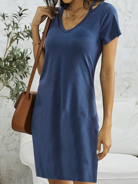 

V Neck Casual Short Sleeve Knit Dress, Blue, Mini Dresses
