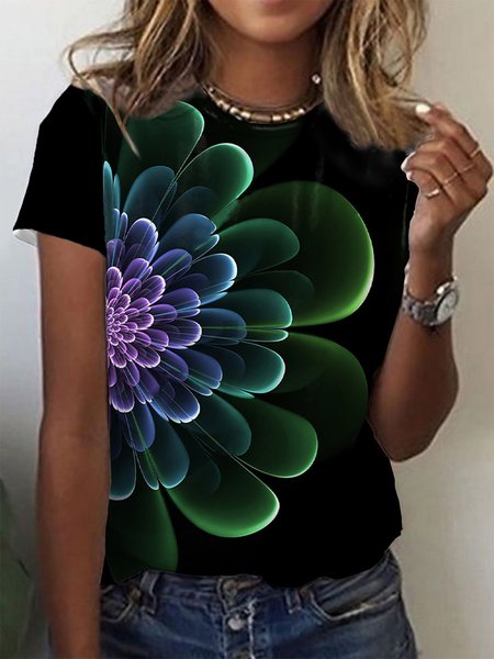 

Floral Short Sleeves Crew Neck Plus Size Casual Tops, Black, T-Shirts