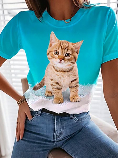 

Crew Neck Loosen Short Sleeve T-Shirt, Blue, T-Shirts