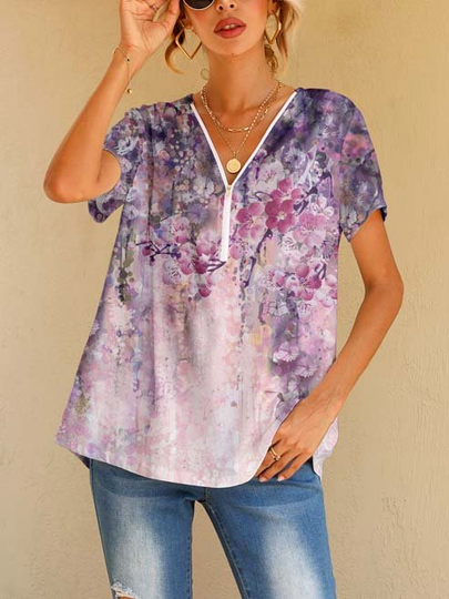 

Floral V Neck Casual Cotton Blends Short Sleeve T-Shirt, Purple, T-Shirts
