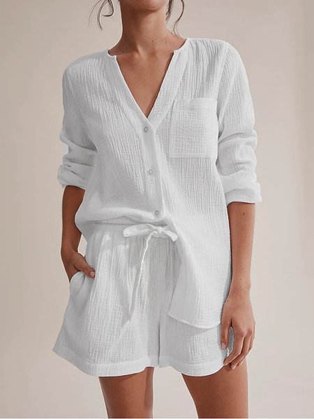 

Casual Plain Regular Fit V Neck Two Piece Sets, White, Suit Set