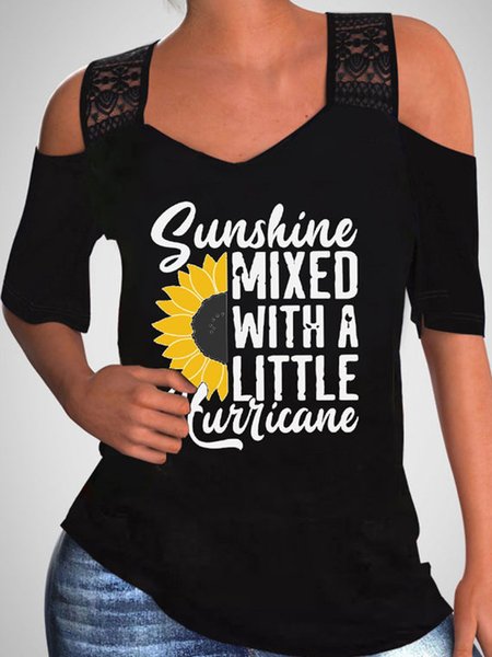 

Letter Sunflower Floral Printed Casual Loosen V Neck Short Sleeve T-Shirt, Black, T-Shirts