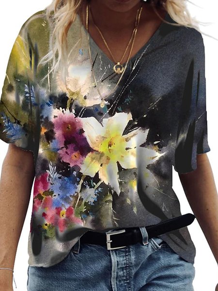 

V Neck Floral Short Sleeve T-Shirt, Multicolor, T-Shirts