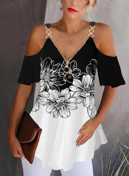 

Cotton Blends Regular Fit Short Sleeve Floral Color Block Tops, Black-white, T-Shirts