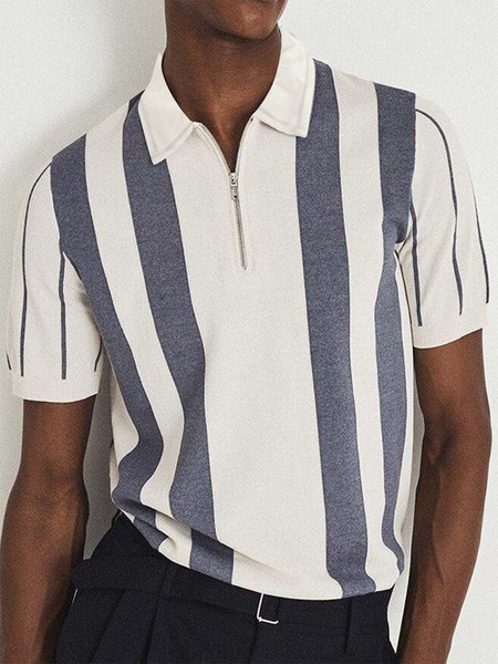 

Casual Geometric Striped Contrast Short-Sleeved Polo Shirt, White, Men's t-shirts