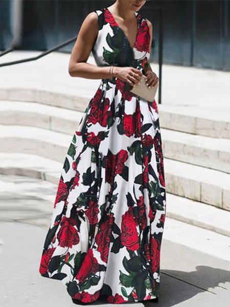 

Vacation Sleeveless Regular Fit Floral Maxi Dress, Red, Maxi Dresses