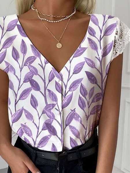 

Casual Romantic Floral V Neck Loosen Short Sleeve Tops, Flower, Tops