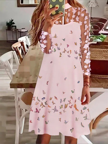 

Butterfly Pattern Guipure Long Sleeve Plus Size Casual Long sleeve Woven Dress, Pink, Mini Dresses