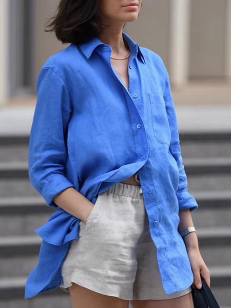 

Solid Shirt Collar Long Sleeve Blouse, Blue, Blouses & Shirts