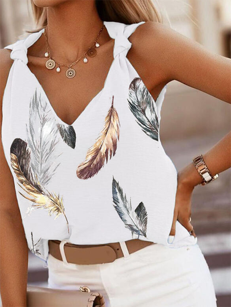 

Feather Casual V Neck Knit Tank, White, Tank Top