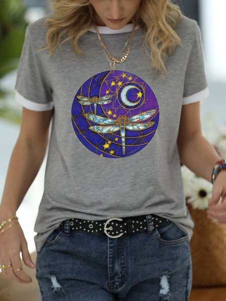 

Crew Neck Cotton Blends Dragonfly Short Sleeve T-Shirt, Gray, Tees & T-shirts