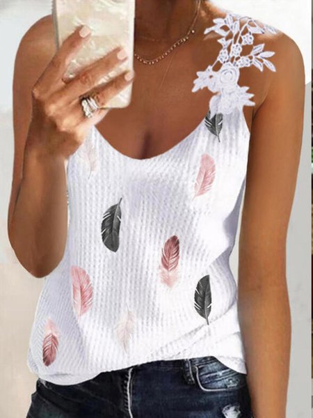 

Casual Feather Sleeveless V Neck Knit Tank, White, Tank Top