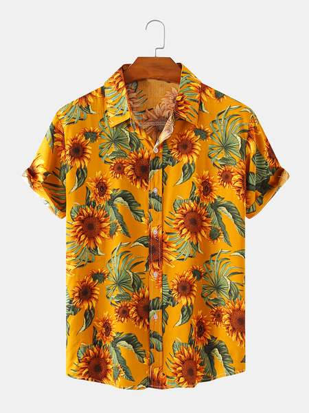 

Resort Style Hawaiian Series Sunflower Floral Elements Lapel Short-Sleeved Printed Shirt Top, Yellow, Men's Floral shirt