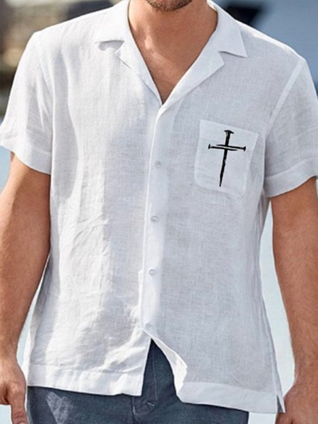 

Nail Cross Print Lapel Casual Short Sleeve Shirt, White, Men's basic shirt
