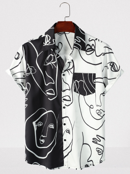 

Mens Face Line Print Chest Pocket Loose Short Sleeve Funky Hawaiian Shirts, White, Men's Floral shirt
