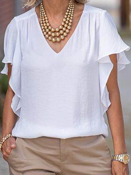 

V Neck Solid Loosen Short Sleeve Blouse Tops, White, Tops