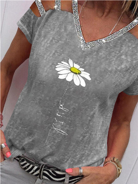 

Casual V Neck Floral Short Sleeve T-Shirt, Gray, T-Shirts