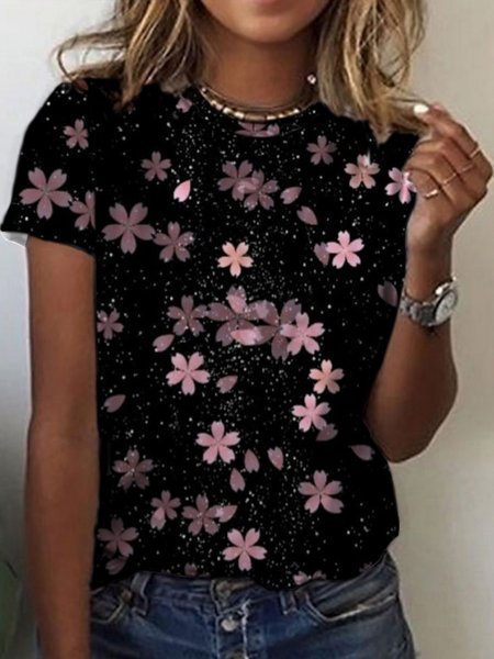 

Casual Crew Neck Floral Short Sleeve T-Shirt, Black, T-Shirts