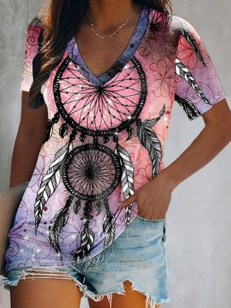 

Cotton Blends V Neck Short Sleeve Tops, Multicolor, T-Shirts